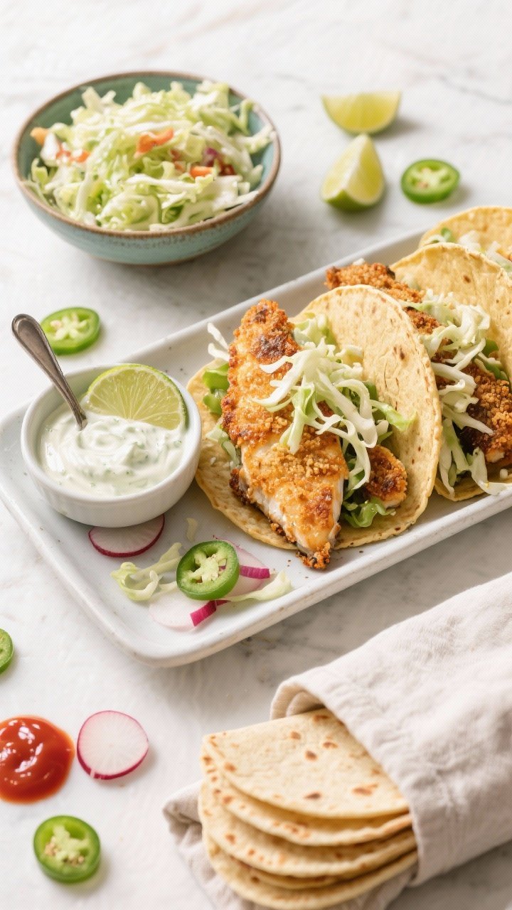 Tasty top view: Overhead shot of a taco-building spread showing a platter of crispy baked fish, a bo