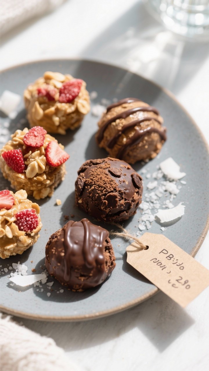 Tasty top view: Overhead shot of a variety platter of protein bites arranged by flavor—PB&J style 