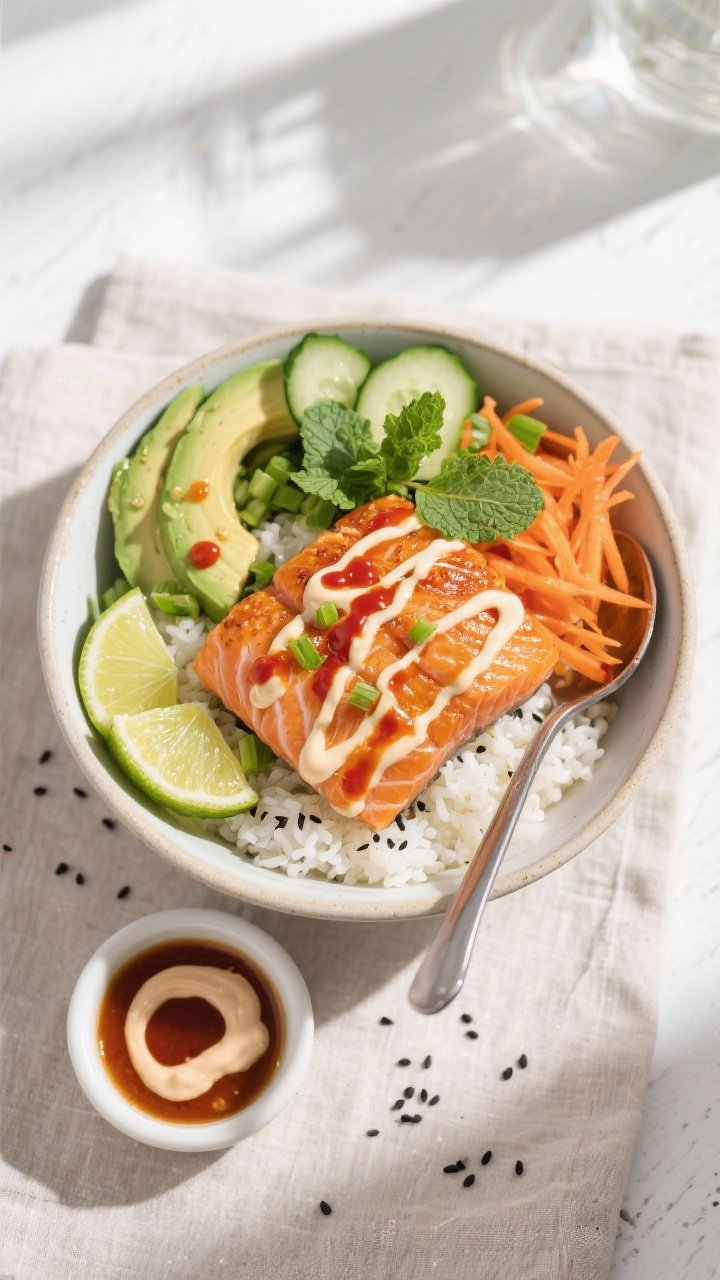 Tasty top view: Overhead shot of a vibrant spicy salmon bowl built over fluffy coconut rice (pearles