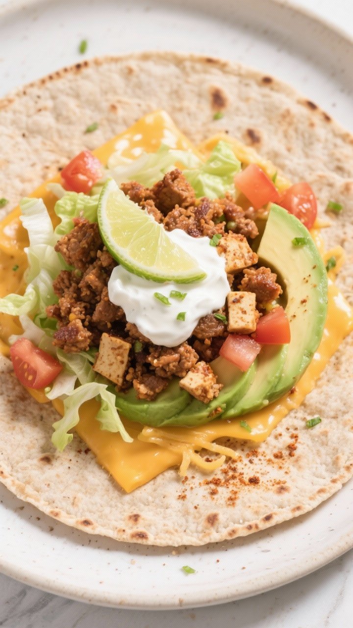 Tasty top view: Overhead shot of an open assembly on a warmed whole-wheat tortilla—center circle o