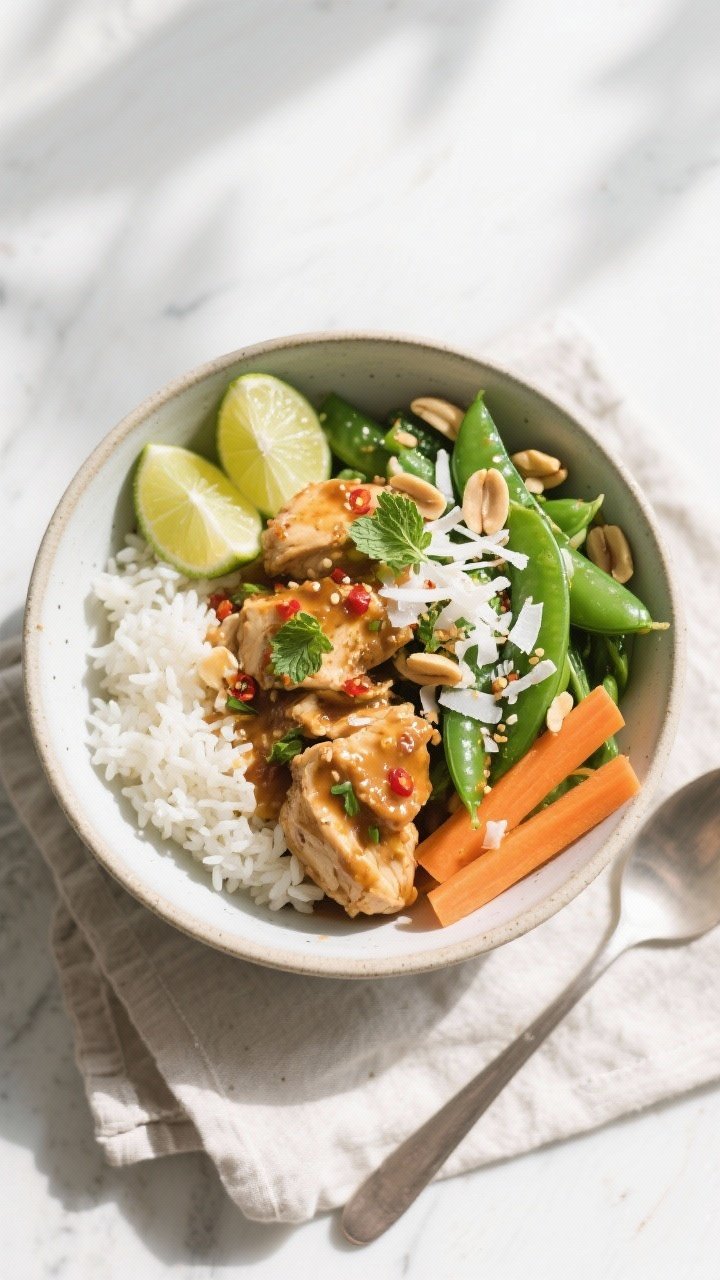 Tasty top view: Overhead shot of assembled Coconut Chicken Rice Bowl—fluffy jasmine rice on one si