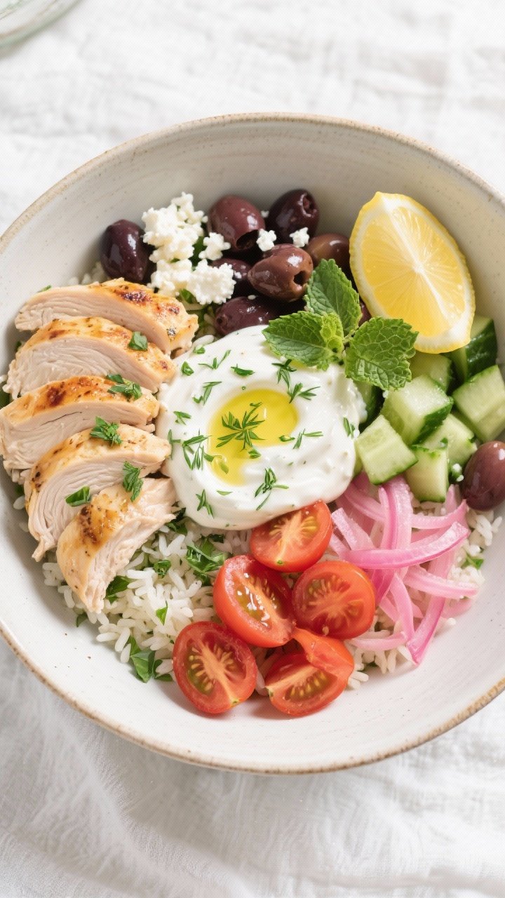 Tasty top view: Overhead shot of assembled Greek Chicken Bowl with herby rice base (parsley-dotted),