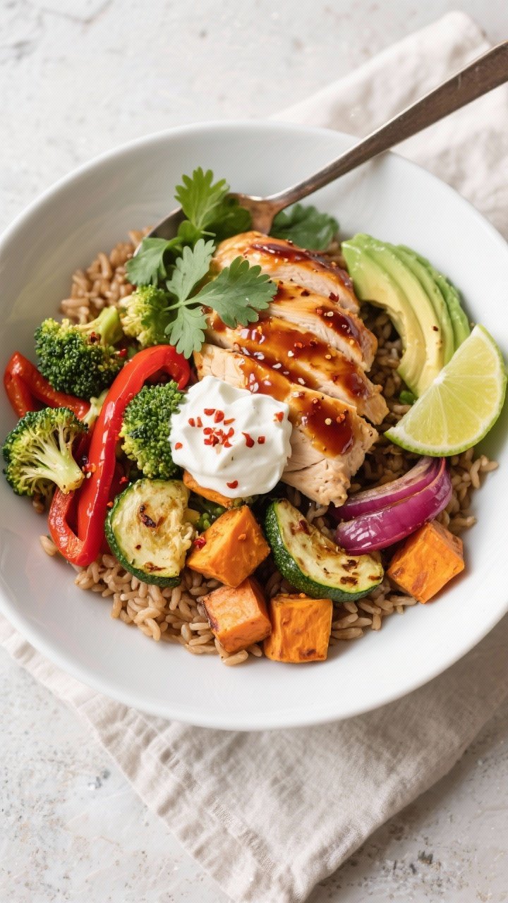 Tasty top view: Overhead shot of assembled Healthy Spicy Chicken and Roasted Vegetable Bowl on a wid