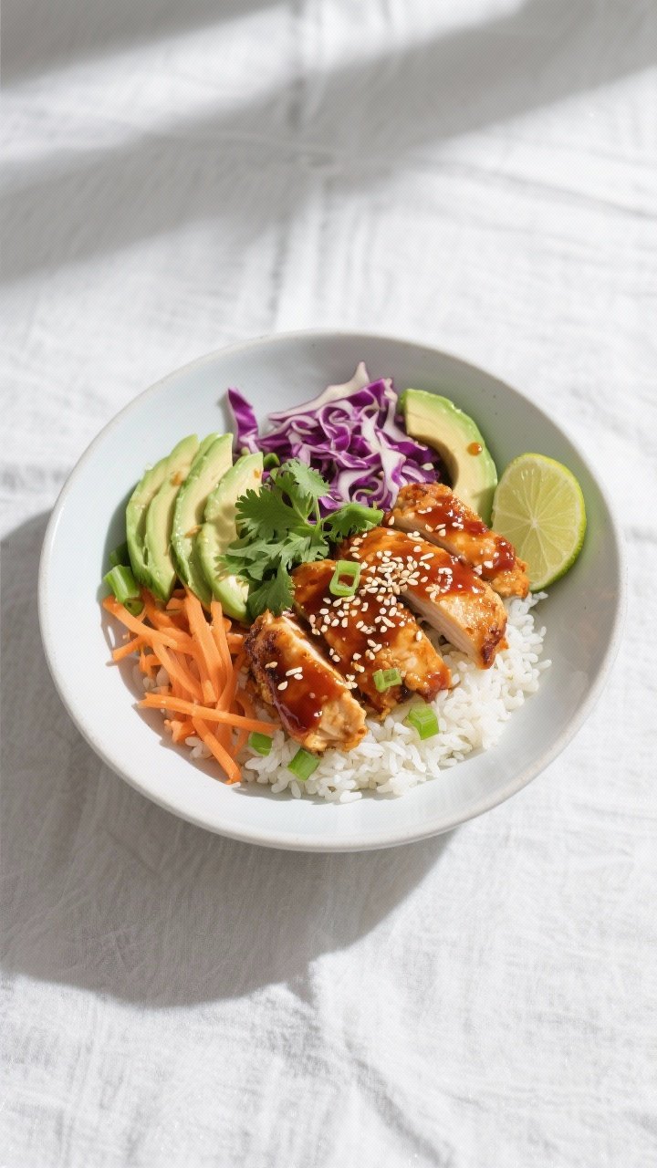 Tasty top view: Overhead shot of assembled Hot Honey Chicken Bowl—fluffy jasmine rice base on a ma