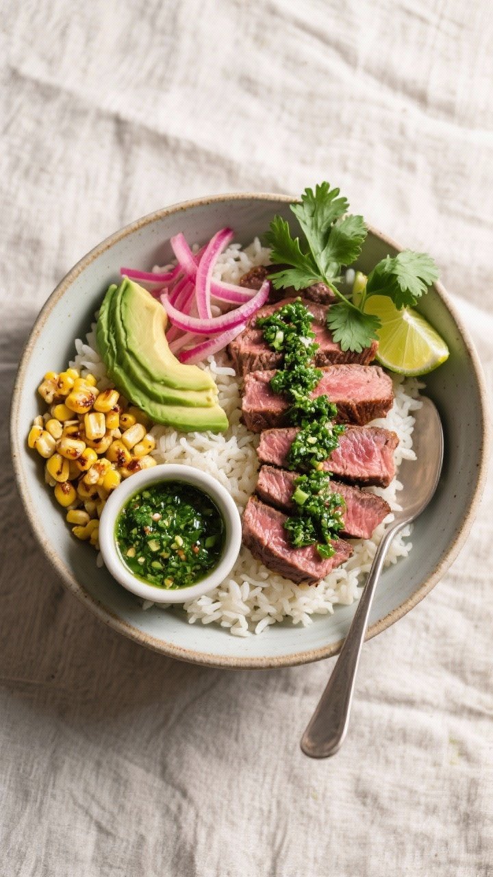 Tasty top view: Overhead shot of assembled skirt steak rice bowl—fluffy jasmine rice base, fanned 