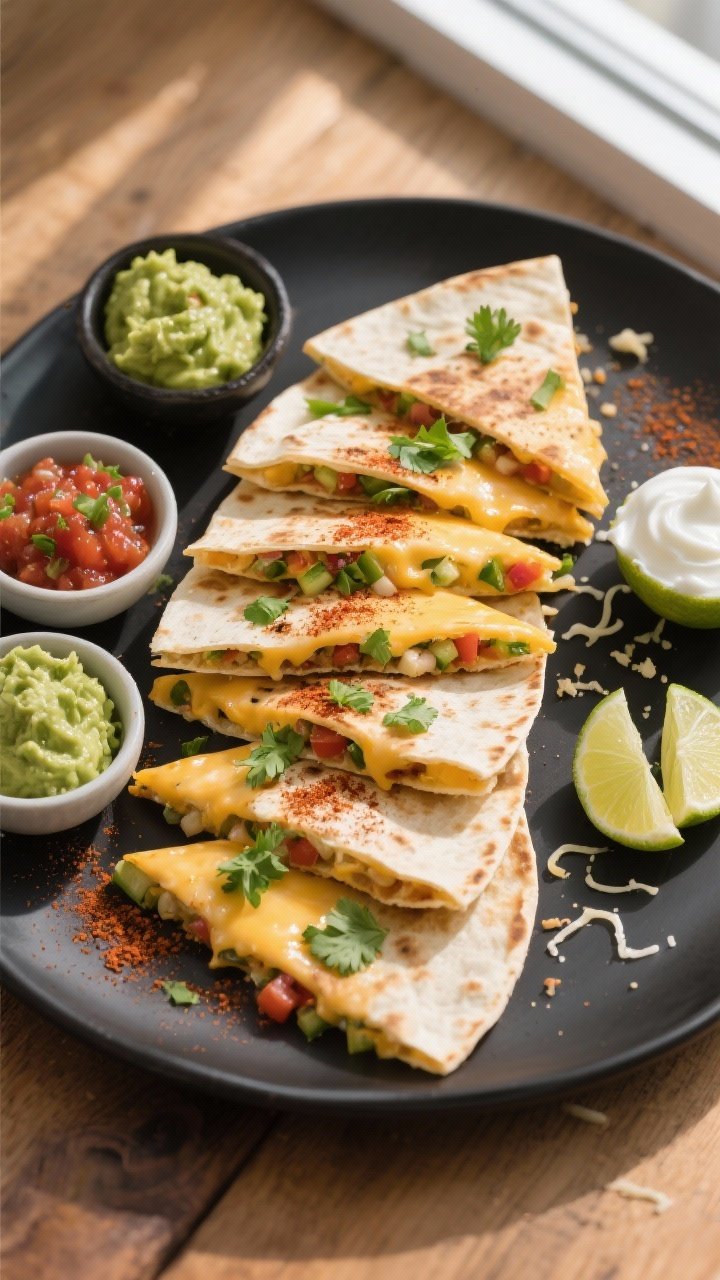 Tasty top view: Overhead shot of freshly sliced quesadilla wedges arranged in a fan on a matte black