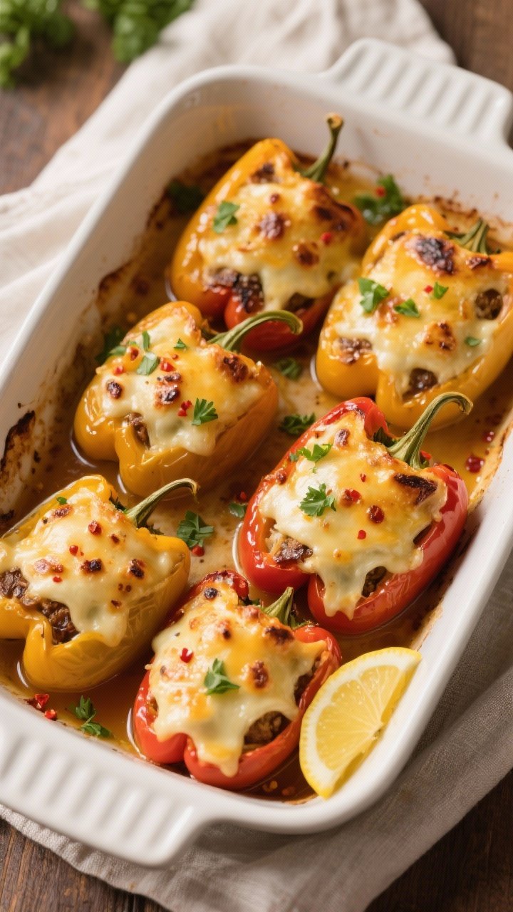 Tasty top view: Overhead shot of six stuffed bell peppers nestled snugly in a white baking dish, che