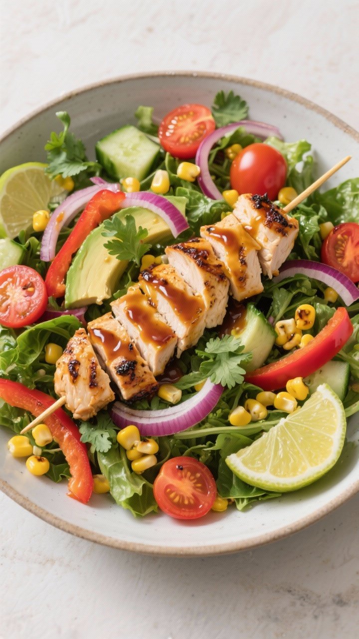 Tasty top view: Overhead shot of the BBQ Chicken Skewer Salad fully assembled in a wide shallow bowl