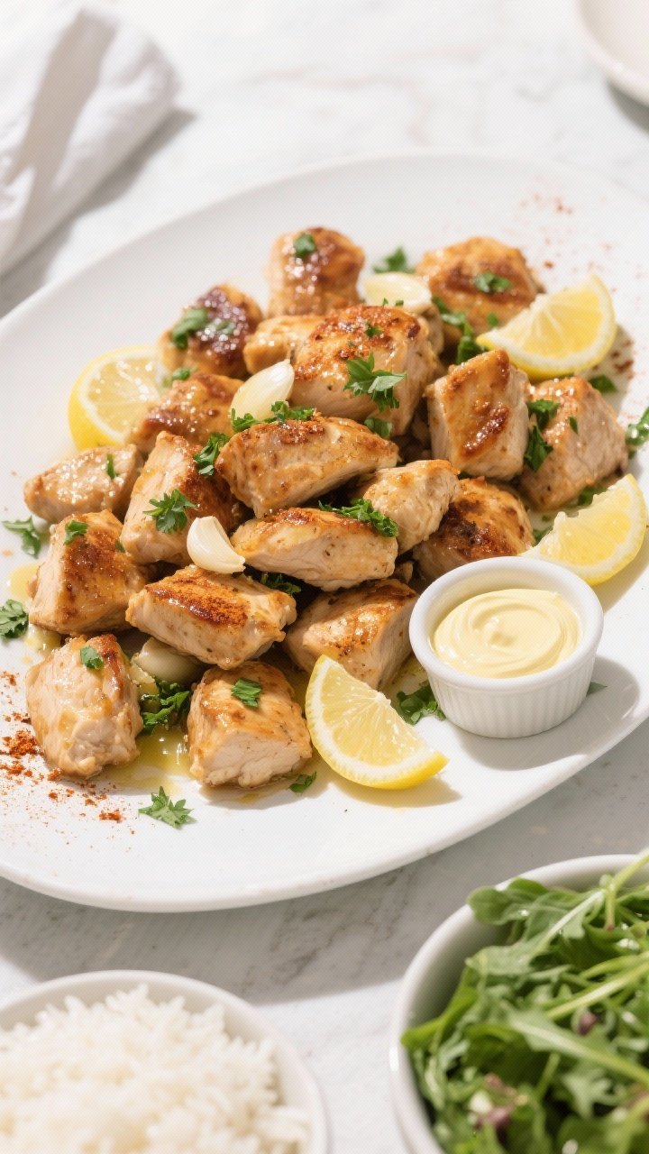 Tasty top view: Overhead shot of the finished 15 Minute Garlic Butter Chicken Bites piled on a wide 