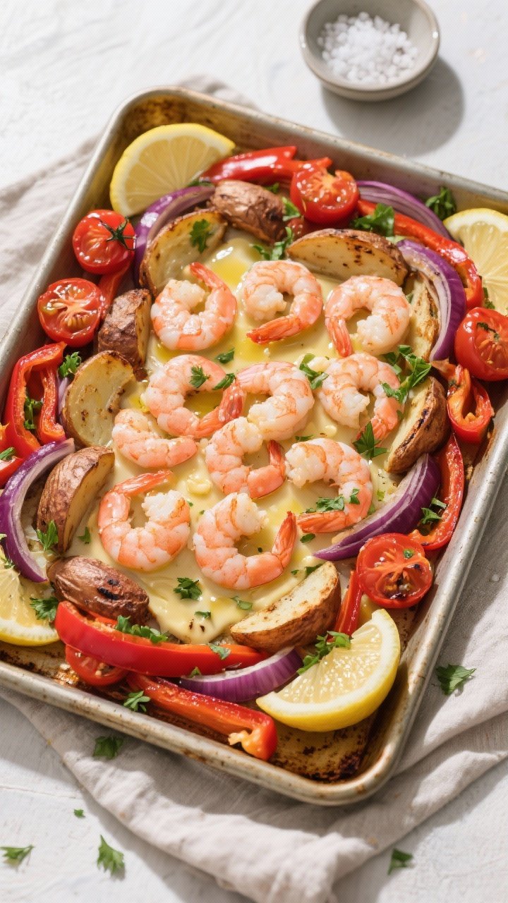 Tasty top view: Overhead shot of the finished sheet pan shrimp spread, neatly “scooted” vegetabl