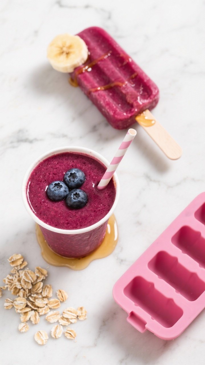 Tasty top view: Overhead shot of the finished smoothie served two ways—one child-size cup with a s
