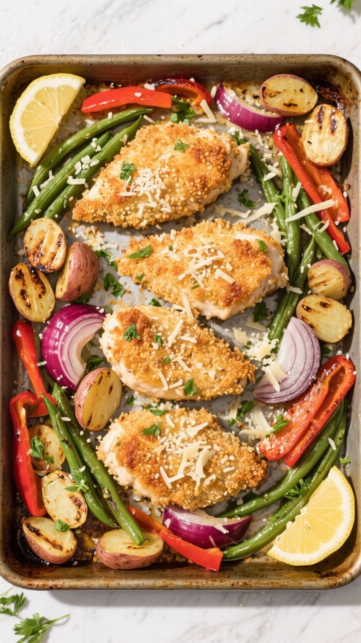 Tasty top view: Overhead shot of the full sheet pan dinner at the end of roasting—four crispy, Par