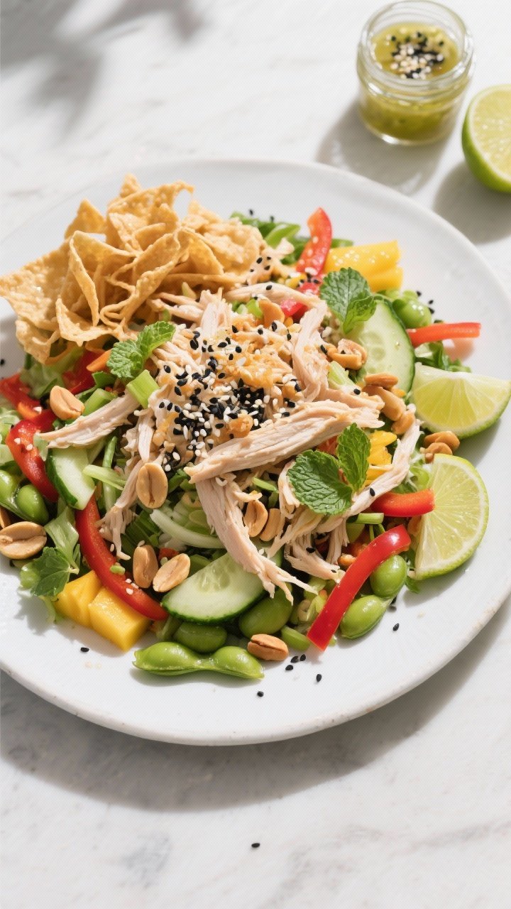Tasty top view: Overhead shot of the fully dressed Asian Chicken Crunch Salad on a large matte-white
