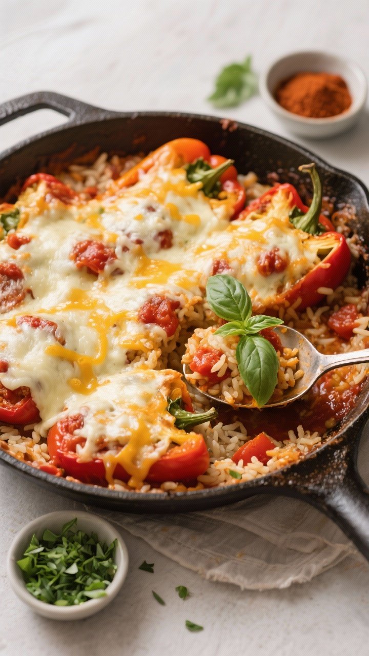 Tasty top view: Overhead shot of the stuffed pepper casserole in a large oven-safe skillet, cheese l
