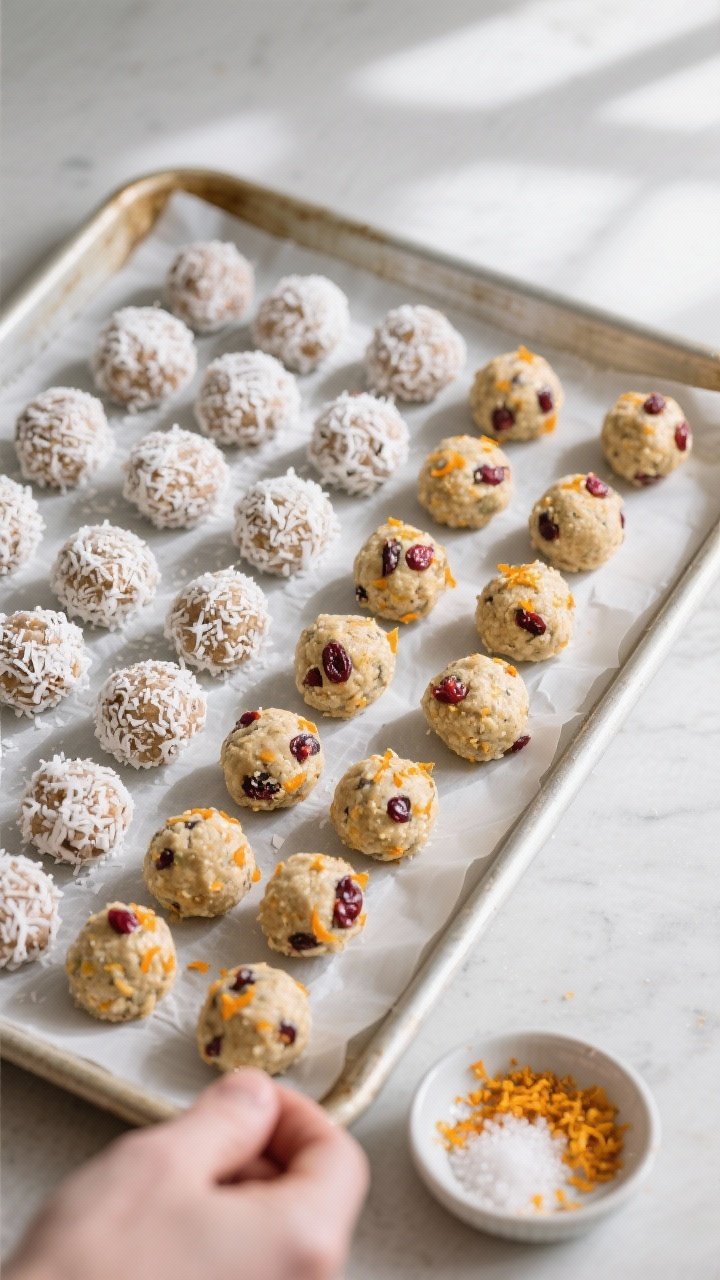 Tasty top-view process shot: Overhead shot of freshly rolled protein bites arranged in neat rows on 