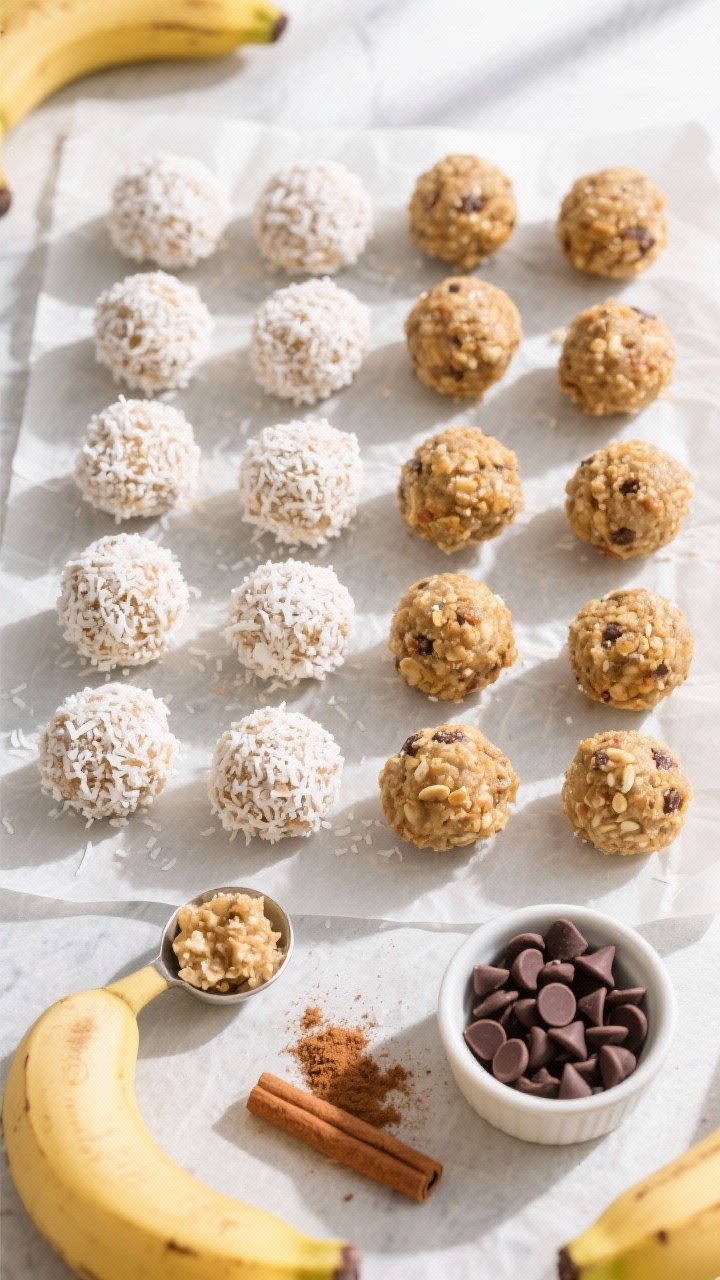 Tasty top view (process stage): Overhead shot of uniform Banana Oat Energy Bites arranged in tidy ro