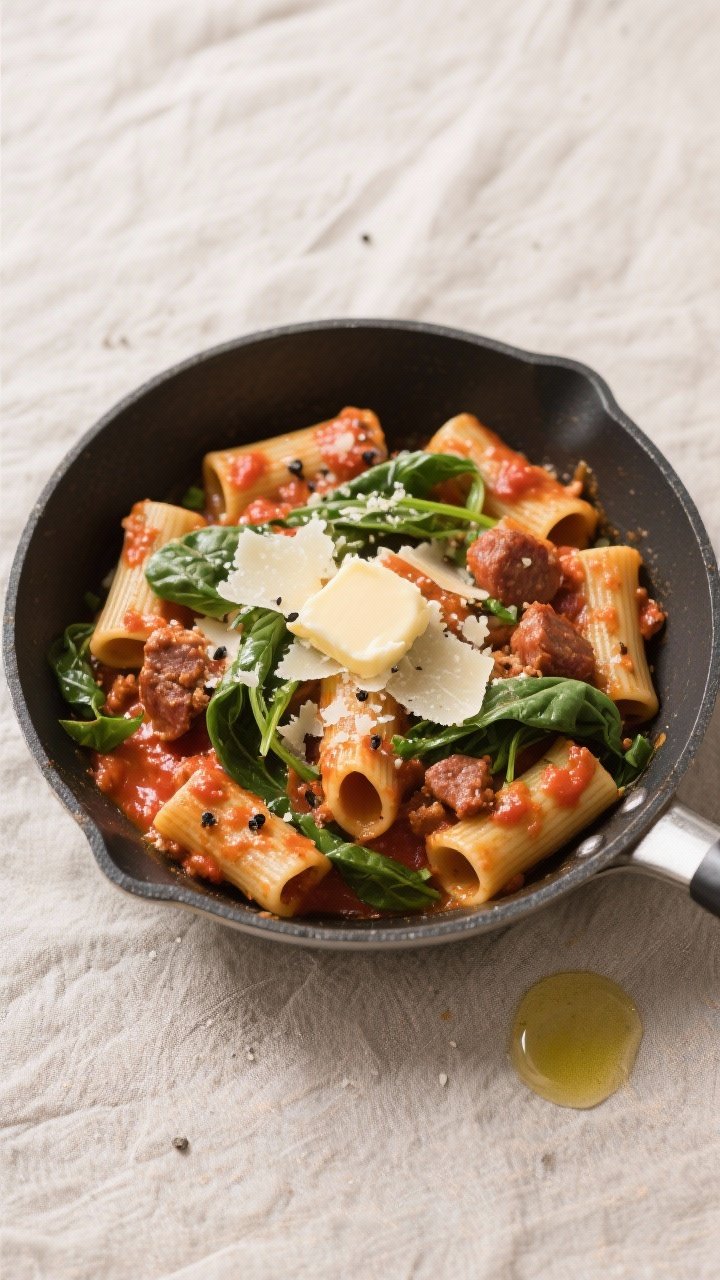 Tasty top view — saucy pasta in the skillet: Overhead shot of rigatoni tossed with a thick, glossy