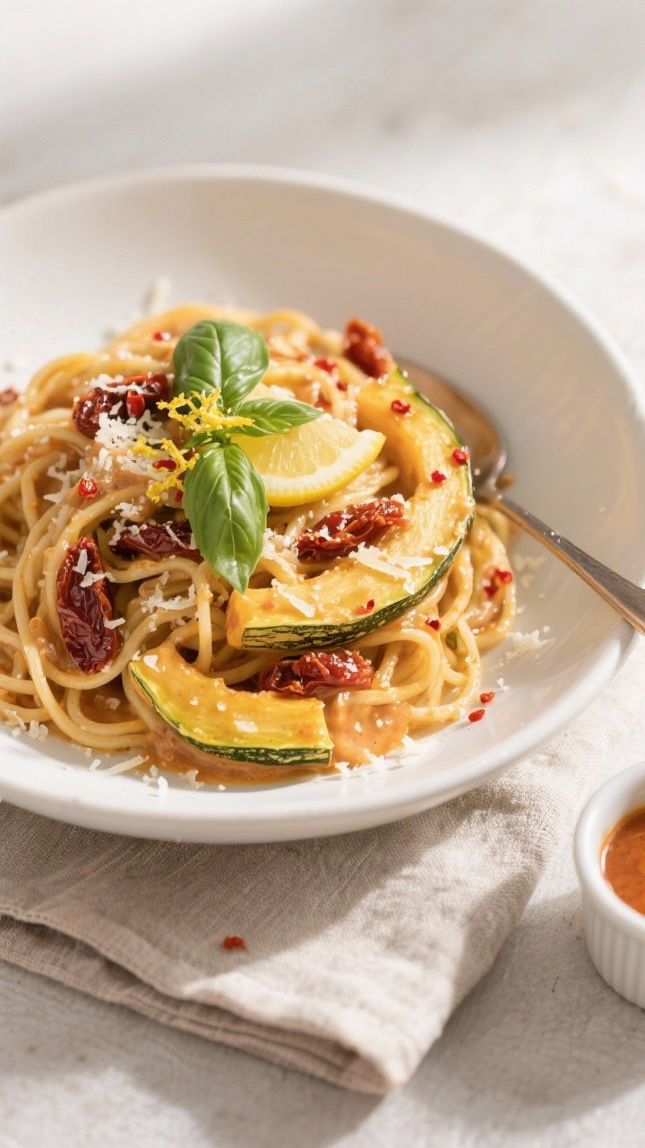 Tasty top view — squash tossed in sauce: Overhead shot of spaghetti squash strands tossed with the