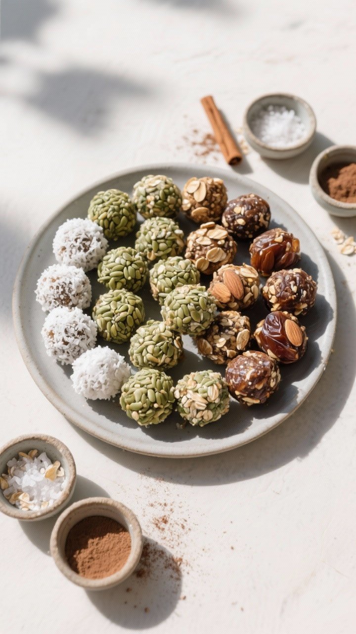 Tasty top view, variety platter: Overhead shot of an assorted energy ball spread (16–20 pieces) ar