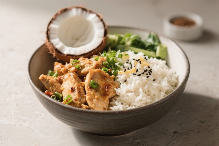 COCONUT CHICKEN RICE BOWL: The 20-Minute Tropical Power Lunch That Actually Tastes Like Vacation