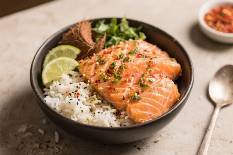 SPICY SALMON BOWLS WITH COCONUT RICE: The 20-Minute Power Lunch That Tastes Like a Vacation