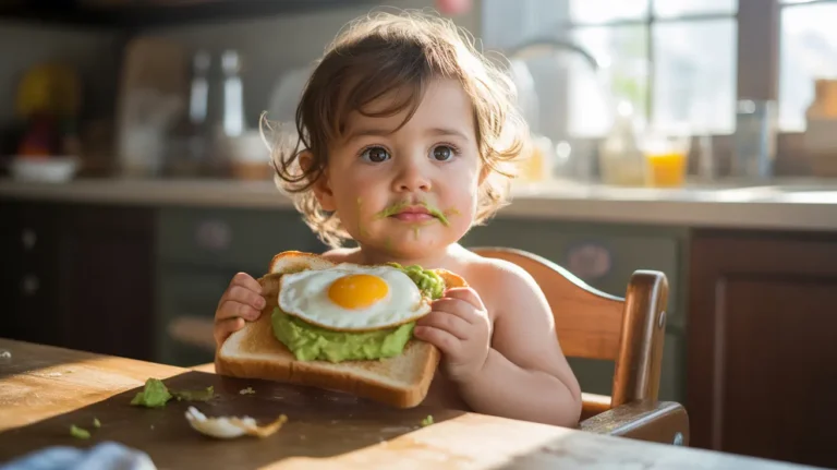 Happy toddler eating avocado and egg toast with a messy face during breakfast.