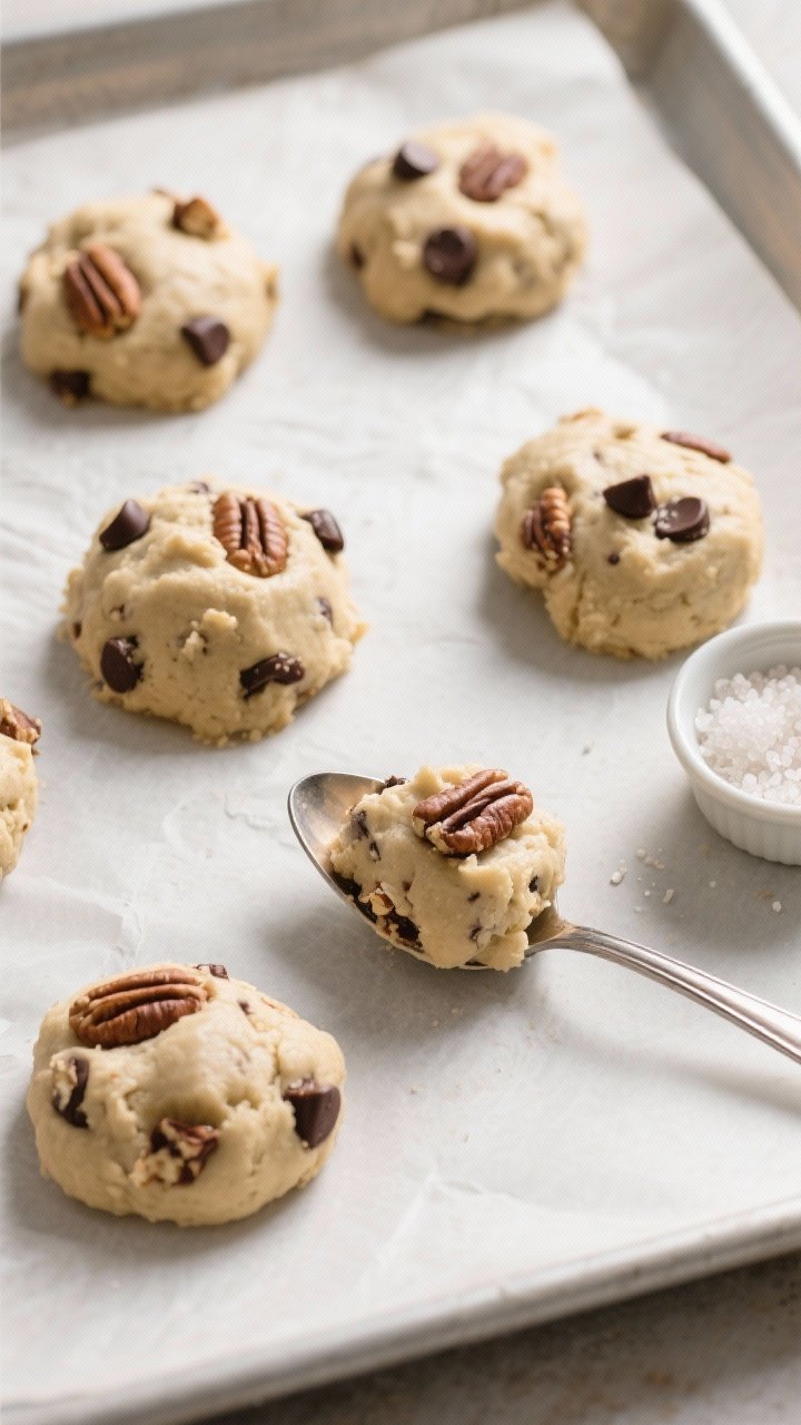 5-tablespoon scoop onto a parchment-lined sheet, dough visibly soft and studded with dark chocolate 