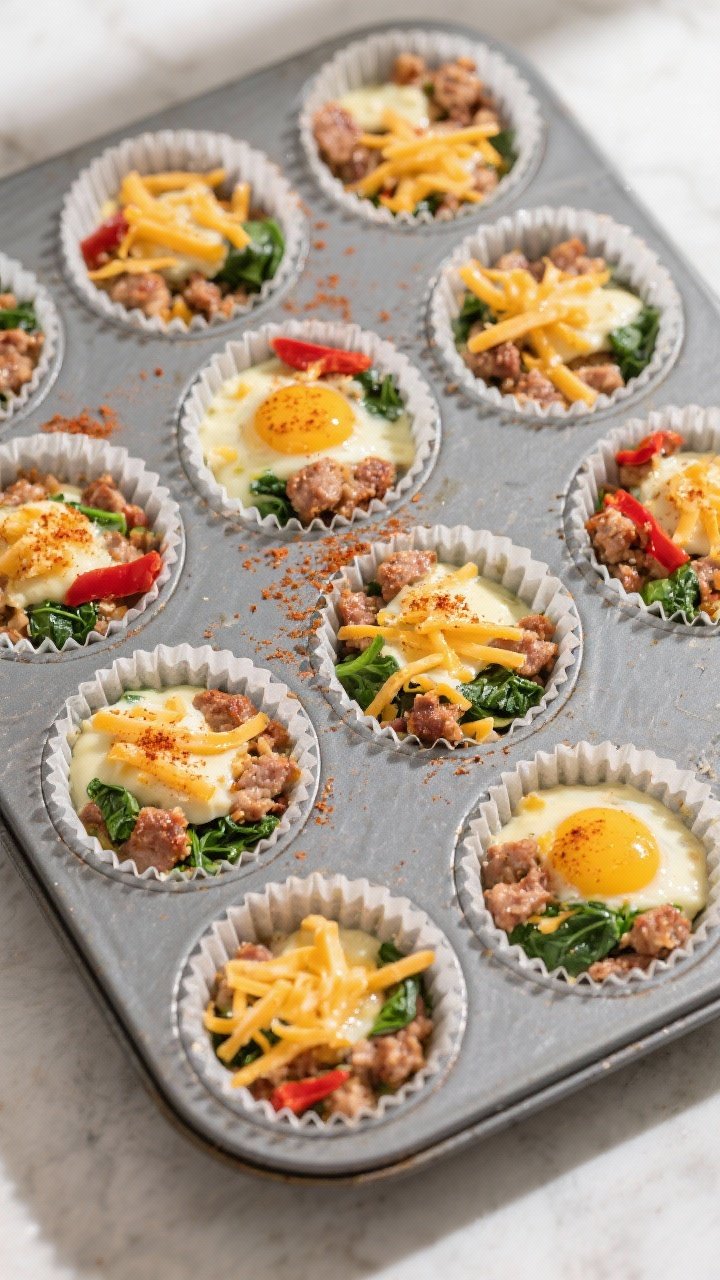 Assembly overhead, tasty top view: Overhead shot of a 12-cup muffin tin filled 3/4 full—each cup l