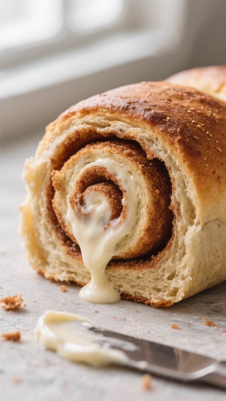 Close-up detail: A baked whole-wheat cinnamon roll torn open to reveal gooey cinnamon-sugar swirls a