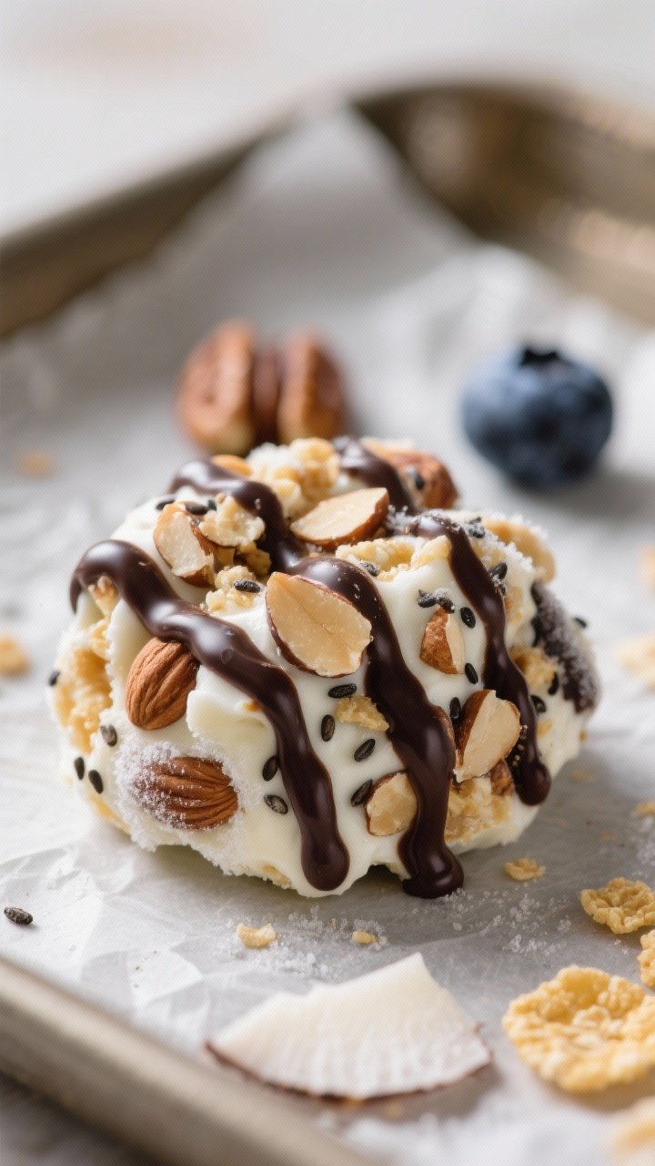 Close-up detail: A bite-sized Honey Nut Yogurt Cluster just set from the freezer, showing glossy dar