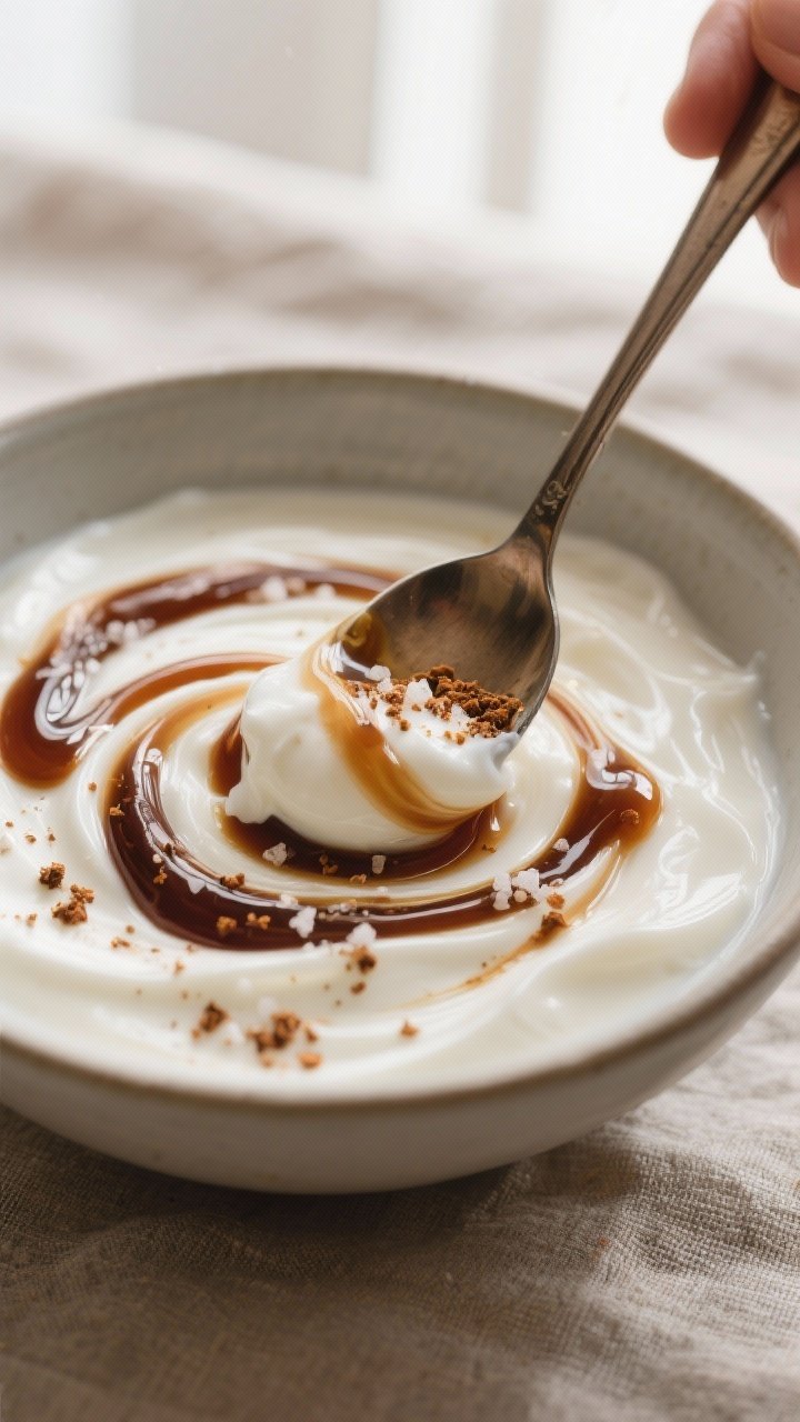 Close-up detail: A bowl of creamy plain yogurt with a glossy tamarind-honey swirl being gently feath