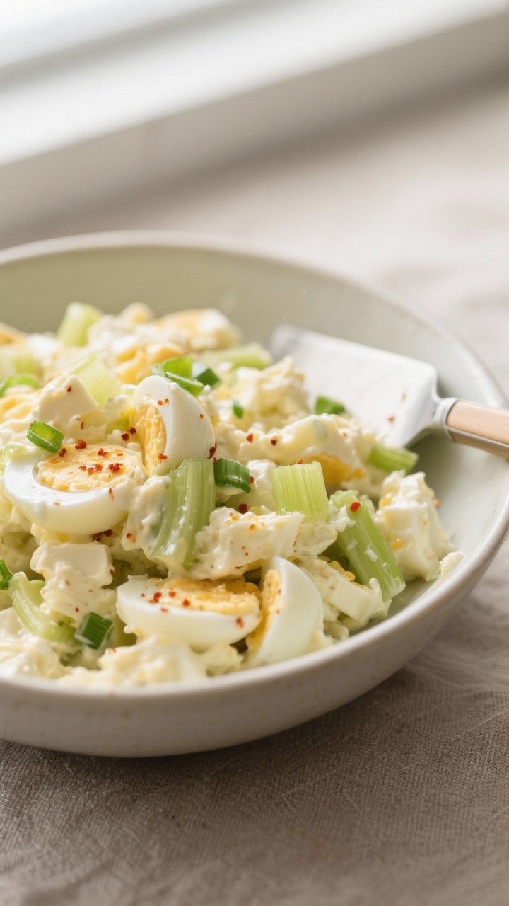 Close-up detail: A bowl of freshly mixed egg salad, showing tender chopped eggs coated in a creamy m