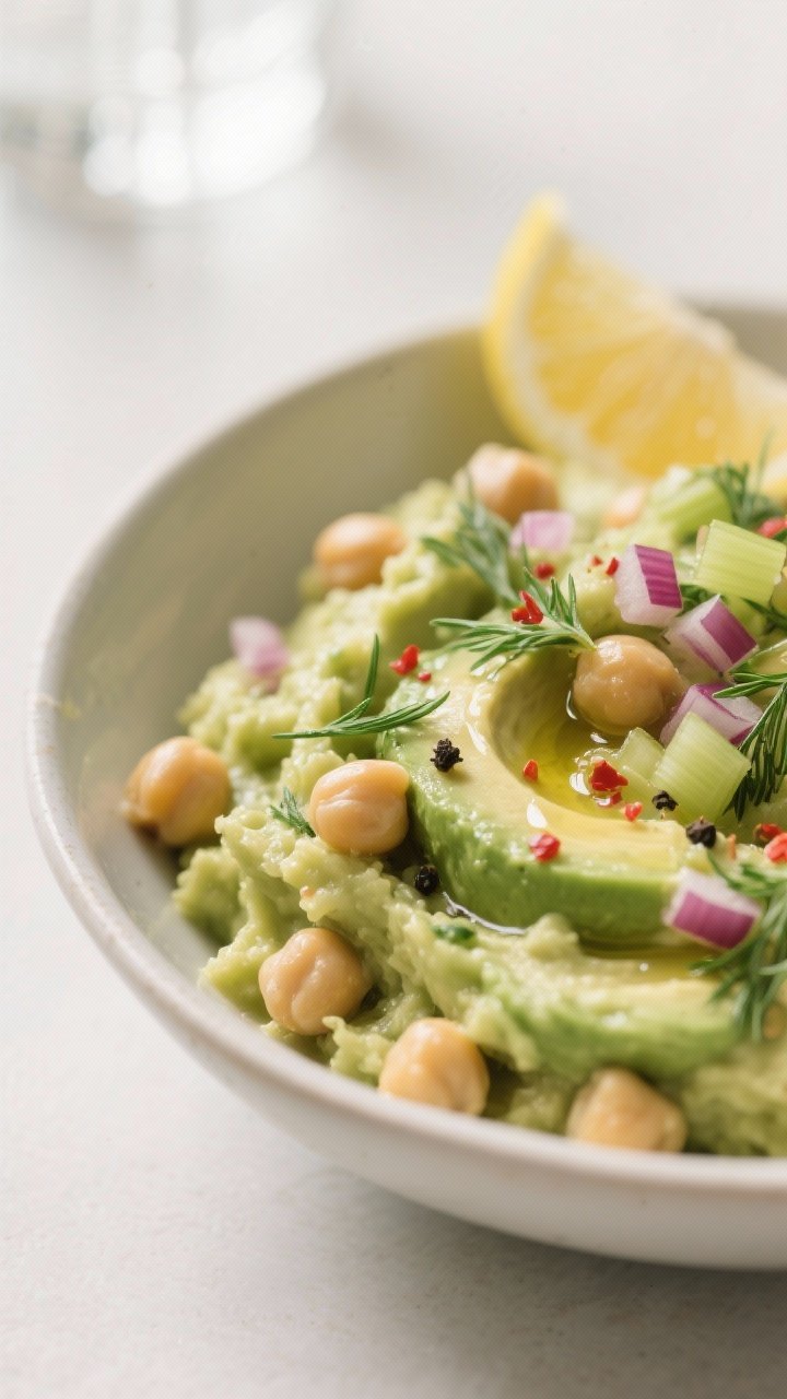 Close-up detail: A bowl of just-finished chickpea and avocado mash with visible chunky chickpea piec
