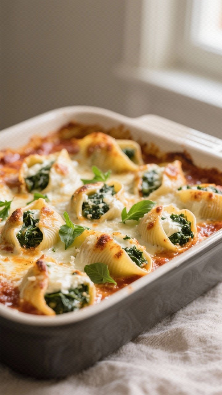 Close-up detail: A bubbling baking dish of spinach & cheese stuffed shells just out of the oven, sau