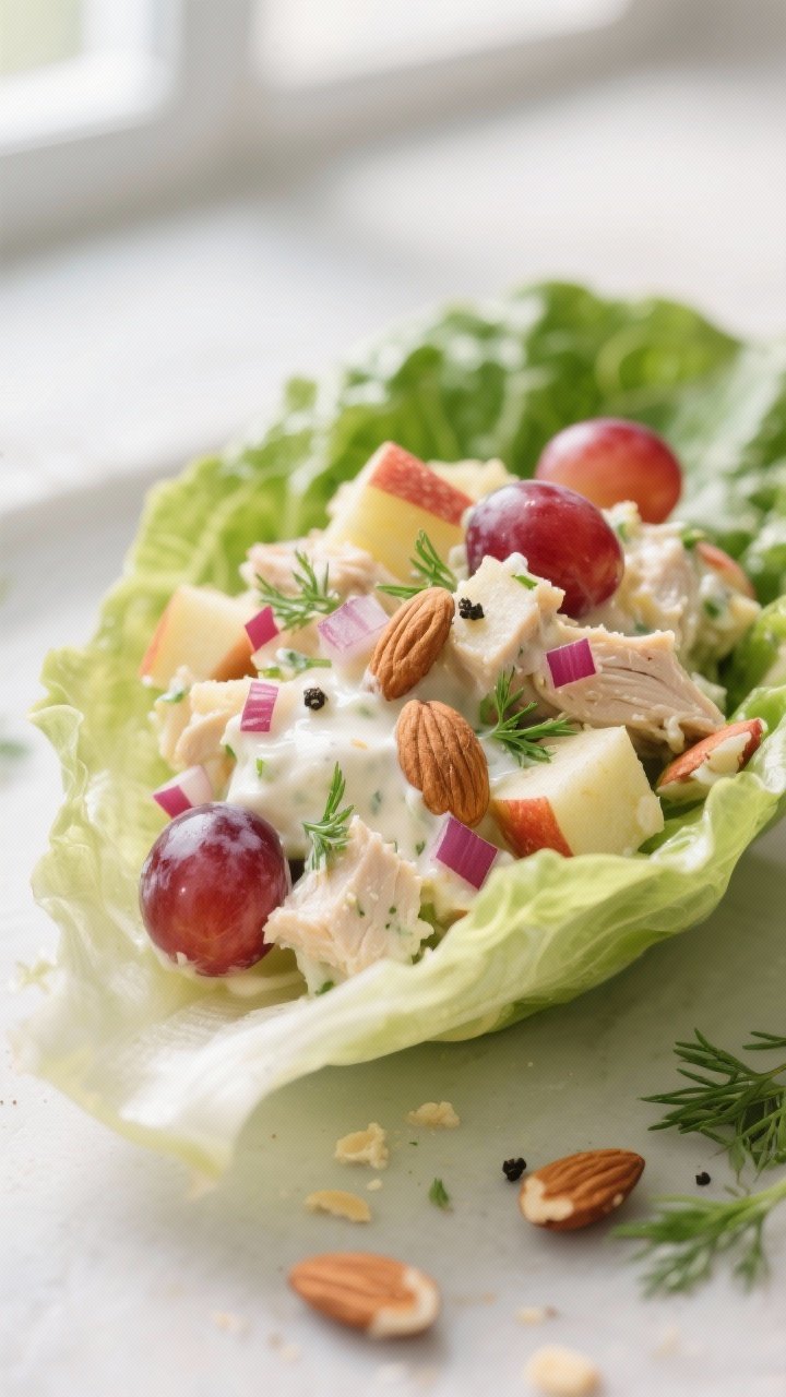 Close-up detail: A chilled butter lettuce leaf cradling creamy chicken salad studded with halved red