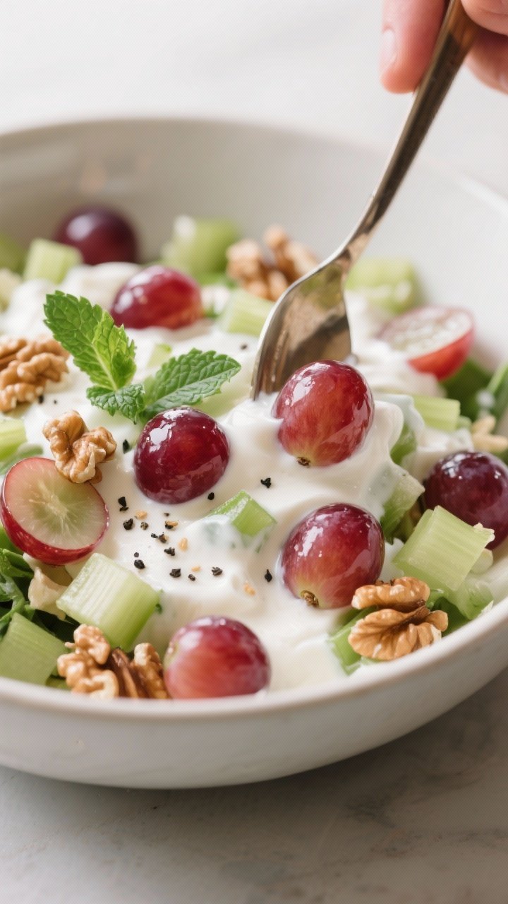 Close-up detail: A creamy bowl of prepared Grape & Walnut Yogurt Salad being gently folded with a sp