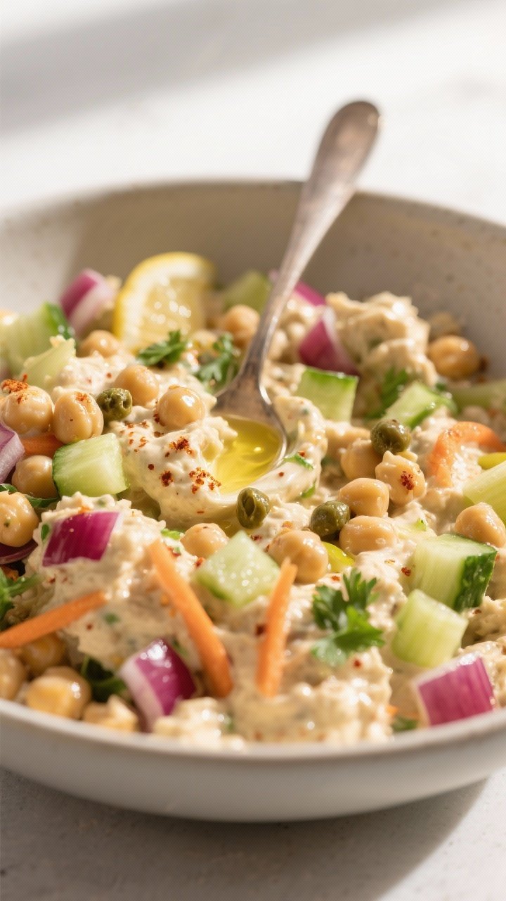 Close-up detail: A creamy chickpea salad filling in a wide, shallow bowl after mixing—mashed chick
