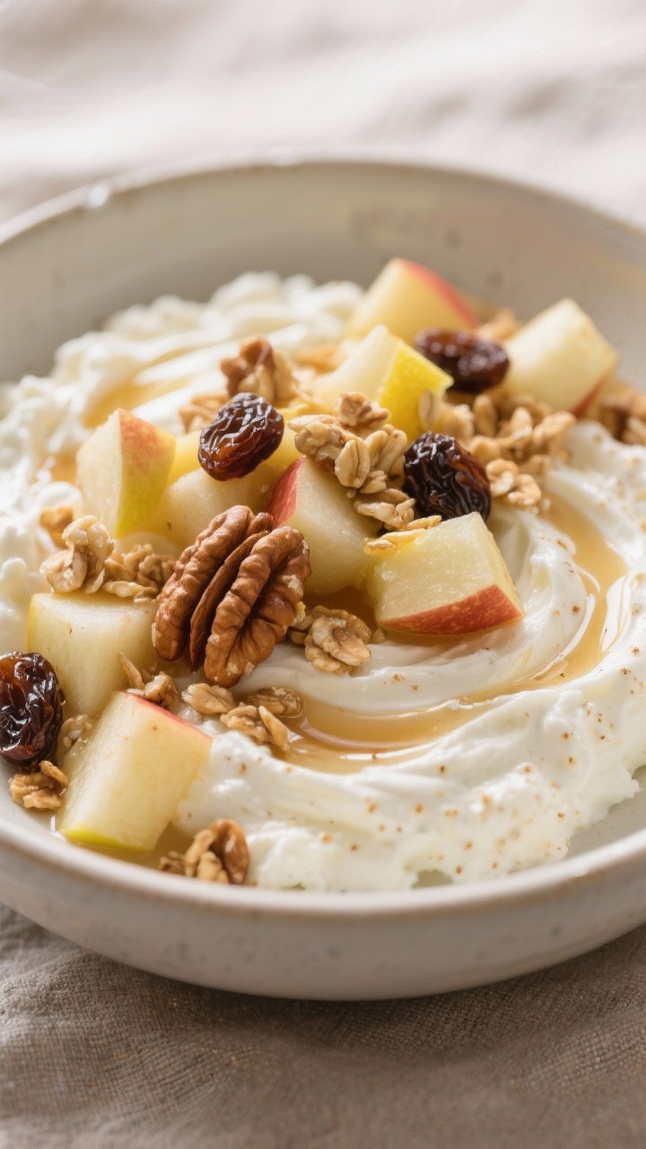 Close-up detail: A creamy cottage cheese base swirled with vanilla and cinnamon, topped with glossy 