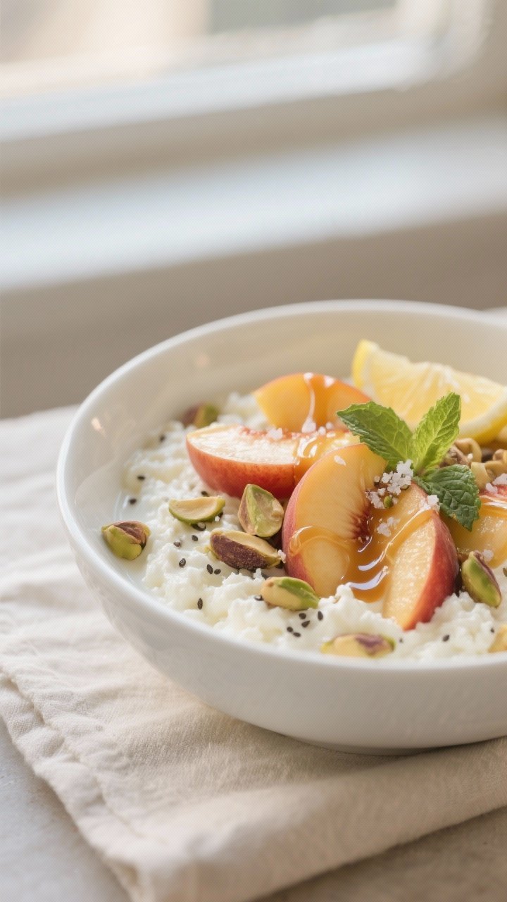 Close-up detail: A creamy cottage cheese bowl with vanilla blended in until smooth, topped with glos