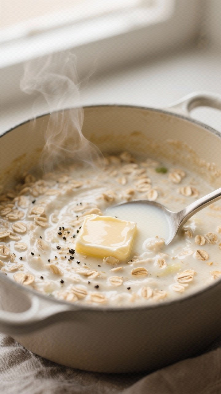 Close-up detail: A creamy pot of savory rolled oats just at peak doneness, stirred with a swirl of m