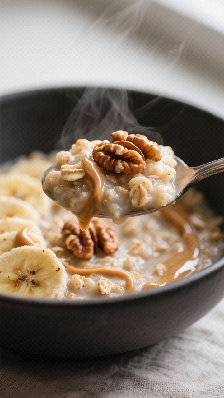 Close-up detail: A creamy spoonful of cooked banana nut oatmeal just off the stove, showing glossy, 