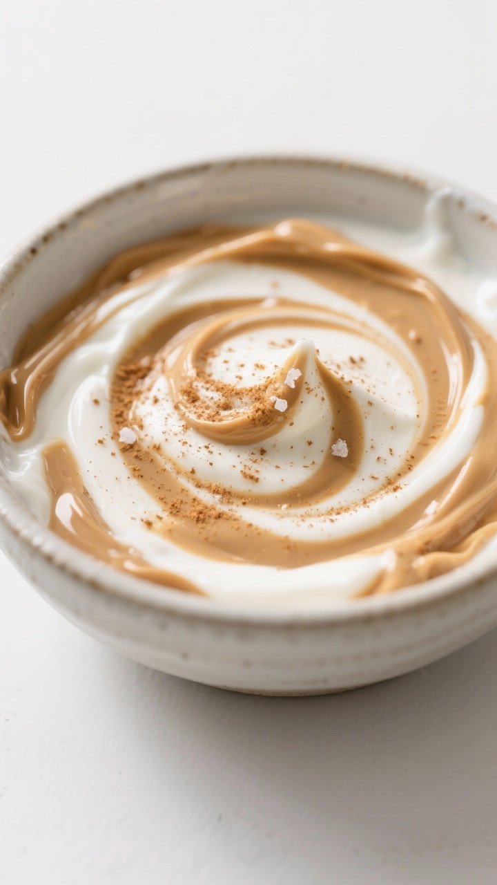 Close-up detail: A creamy swirl of Greek yogurt and warmed peanut butter in a ceramic bowl, ribbons 