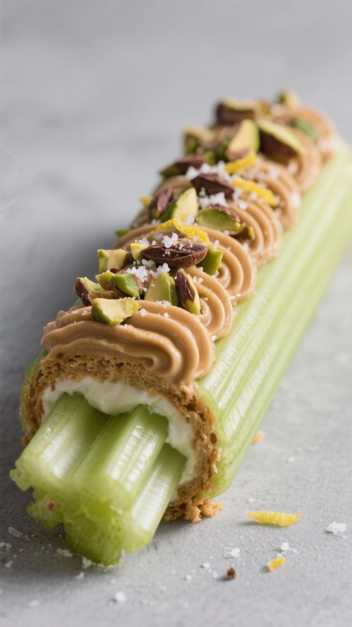 Close-up detail: A filled celery log with a smooth, piped peanut butter–Greek yogurt swirl, topped