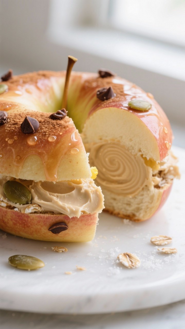 Close-up detail: A finished apple “bagel” sandwich sliced through to reveal creamy cinnamon-oat 