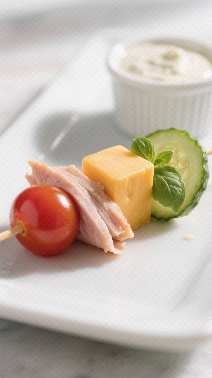 Close-up detail: A finished turkey and cheese kabob segment on a small skewer, showing a folded quar