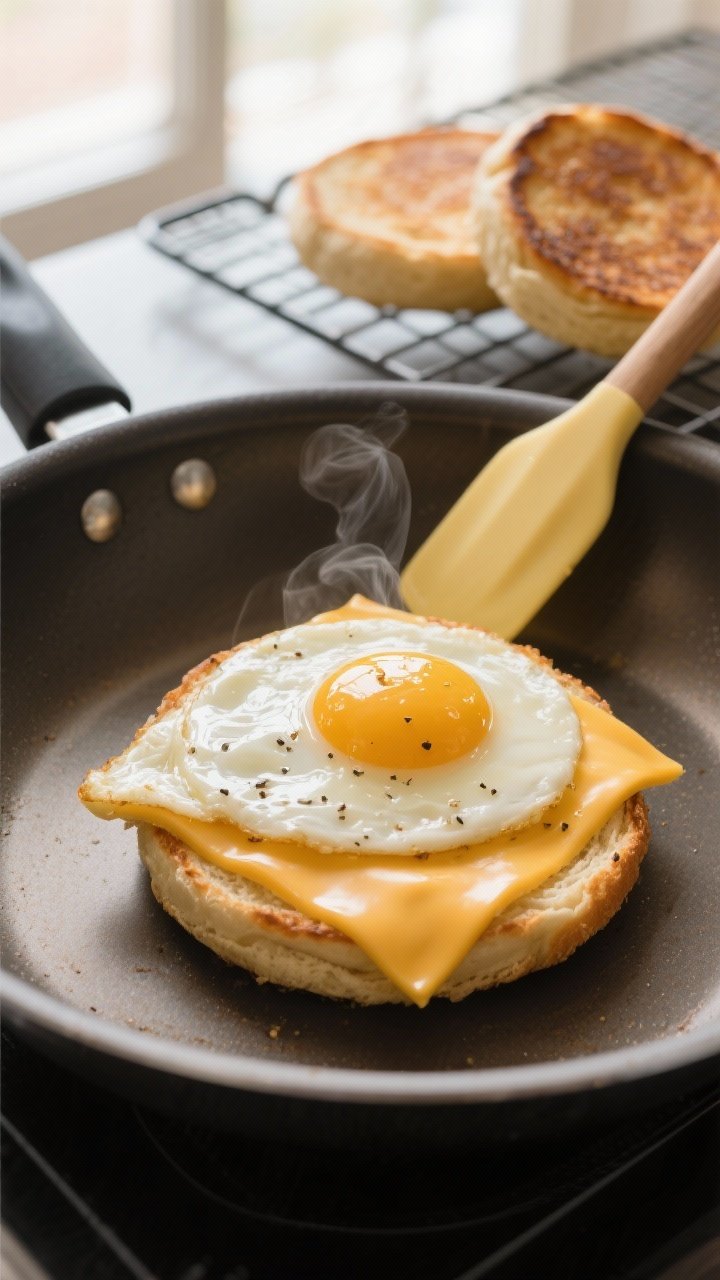 Close-up detail: A folded, just-set egg topped with melted American cheese in a nonstick skillet, ed