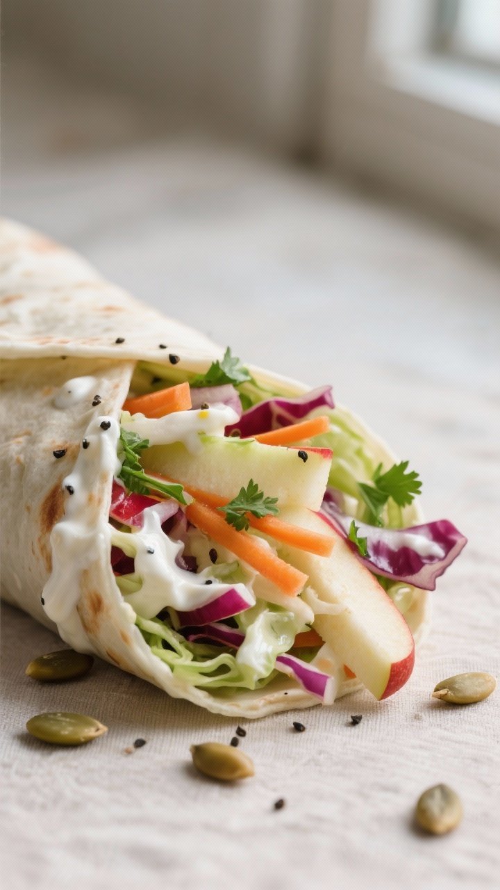 Close-up detail: A freshly assembled Cabbage & Apple Slaw Wrap sliced on the bias, revealing thin ma