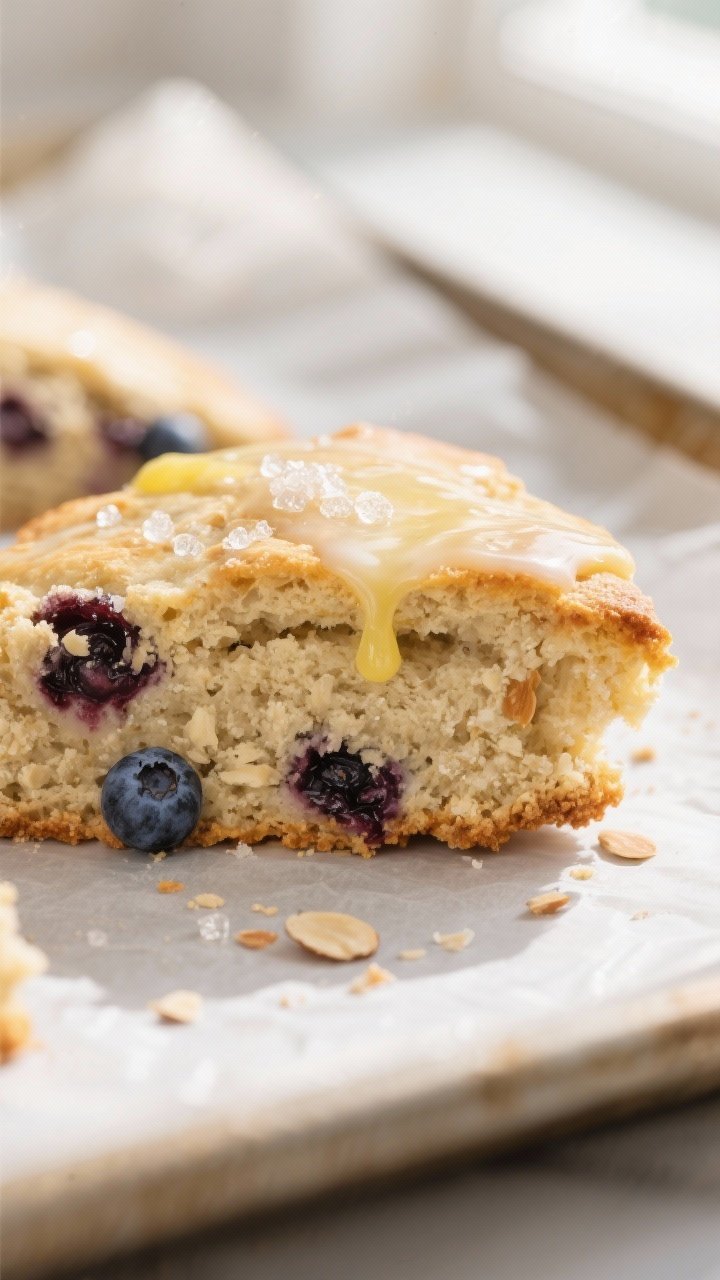 Close-up detail: A freshly baked almond flour blueberry scone wedge just pulled from the oven, edges