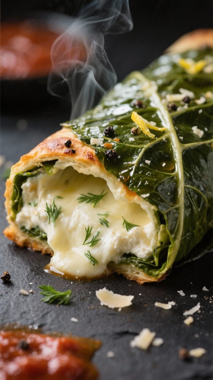 Close-up detail: A freshly baked collard green and cheese roll sliced open to reveal gooey, melty ri
