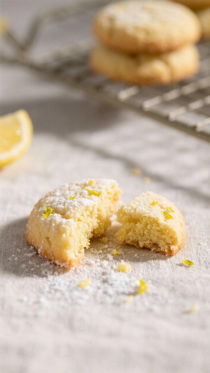 Close-up detail: A freshly baked cornmeal lemon cookie broken in half to reveal its tender, soft cen